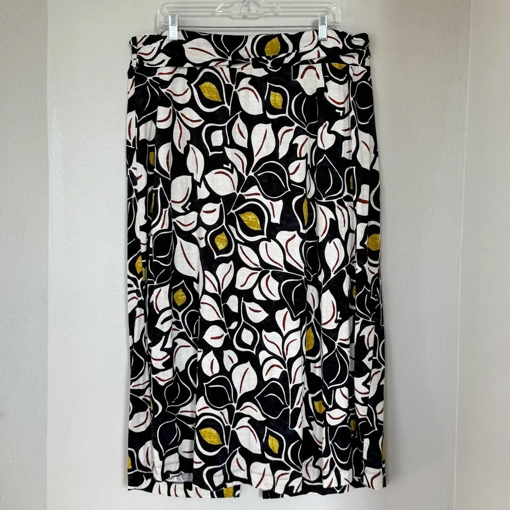 ANTHROPOLOGIE 2X Sheila Leaf Print Navy Cream Twist Sarong Midi Skirt
